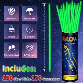 8” 150 Green Glow Sticks Bracelet Bulk Glow Sticks with 150 Connectors Accessories Glow In The Dark Party Supplies for Christmas Holiday Decoration Neon Party Carnival (Green)