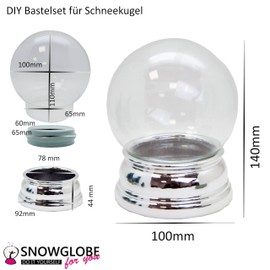 DIY Snow Globe Craft Kit | Do It Yourself with Glass Ball and Polyresin Base | Shiny Silver Curved - 100 mm Diameter Height: 130 mm | Individual Glitter Ball | 40094