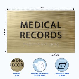 ADA CENTRAL SIGNS - 6" X4" Medical Records Sign - ADA Compliant Tactile Graphics Grade 2 Braille Text Medical Supplies Sign | Wall Mount Plastic Room Name Sign for Hospital, Clinic, & Medical Offices