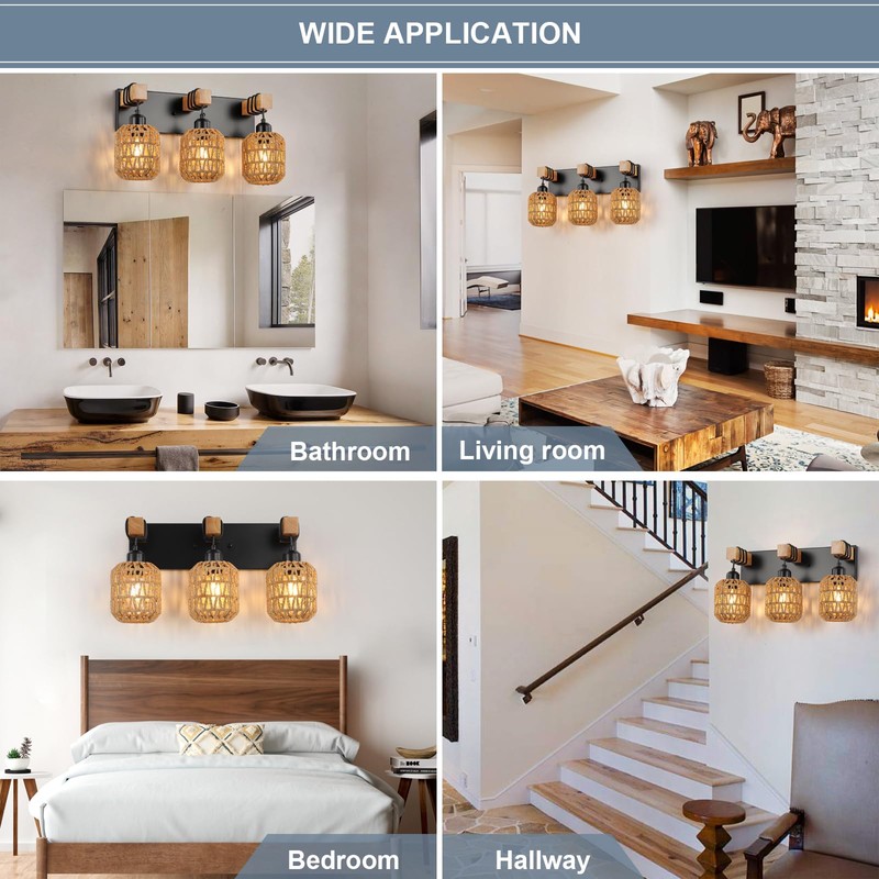 3 Light Bathroom Vanity Light Fixtures， Rustic Style Wood Bathroom