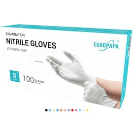 EUROPAPA® Disposable Nitrile Examination Gloves, Powder–Free, Latex–Free, Non–Sterile, Box of 100, S, White