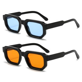 SUNBSR Retro Rectangle Sunglasses for Men Women Trendy Small Square Thick Frame Sun Glasses 90s Vintage Shades（Black/Orange+Black/Blue）