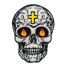 3.5" Embroidered Sugar Skull Iron On Patch | Decorative Sugar Skull Day of The Dead Gothic Biker Applique Iron On/Sew On Patches for Clothing, Hats, Jackets, Clothes, Backpacks, Holes