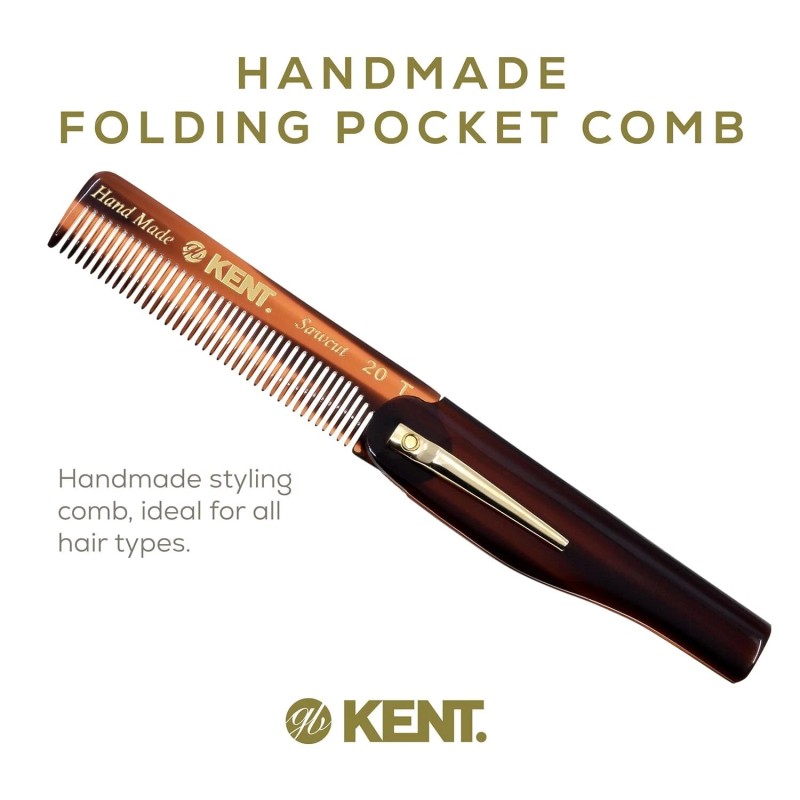 Kent 20T Handmade Folding Pocket Comb for Men, Fine Tooth