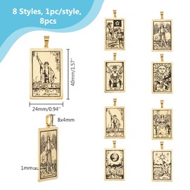 DICOSMETIC 8 Styles 8 Pieces Golden Tarot Pendant Made of Stainless Steel Rectangular Card Pendant Lucky Moon Star Death Protective Pendant Divination Amulet Pendant with Jewellery Clasp for DIY