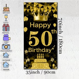 50th Birthday Party Decorative Door Cover, Large Black & Gold Happy 50th Birthday Door Banner Sign, Photo Booth Backdrop Background Banner for 50 Birthday Party Favor and Supplies