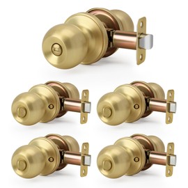 LOQRON Brushed Gold 5 Pack Wholesale Ball Design Door Knob with Lock, Privacy Round Shaped Keyless Doorknob for Bathroom/Bedroom, Satin Brass Finish
