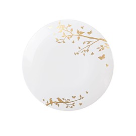 EcoQuality 7.5" inch Round White Plastic Plates with Gold Floral Design - Spring Flower Heavy Duty Large Disposable Charger Dinner Plate Weddings, Tableware, China Like Party Plates (110 PACK)