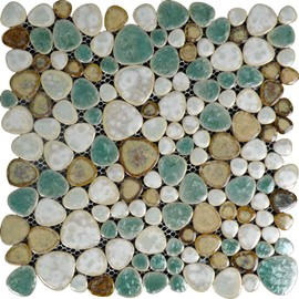 Hominter Pebble Porcelain Tile Turquoise Green Cream and Coffee Mosaic Waterproof Ceramic Tiles Flooring for Kitchen Bath Backsplash Pool Tile Shower Floor & Wall (10 Square Feet)
