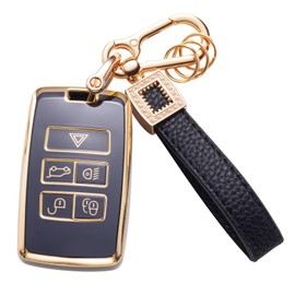 CACARLIKE for Land Rover Key Fob Cover with Leather Lanyard, Car Key Fob Case Compatible with 2018-2022 Land Rover Discovery Range Rover Sport Evoque Smart Key Protector Holder