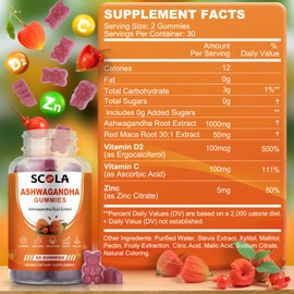 SCOLA Ashwagandha Gummies – Ashwagandha for Women & Man Mood & Calm Support with Natural Ashwagandha Root Extract Vitamin D & Zinc for Immune Health, Vegan & Non-GMO, 60 Gummies