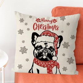 GAGEC Christmas Pillow Covers 18x18 Inch French Bulldog Dog Throw Pillow Covers Xmas Winter Pillowcase Dog Christmas Decorations for Living Room Farmhouse Cushion Case