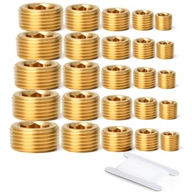 GASHER 25Pcs Brass Pipe Fitting,1/8" 1/4" 3/8" 1/2" 3/4" NPT Brass Internal Hex Thread Socket Pipe Plug Set