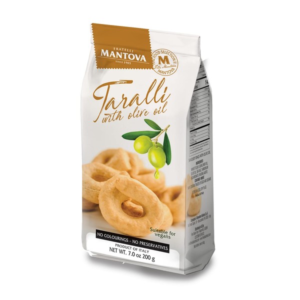 Taralli with Olive Oil from Puglia, Italy. (Pack of 2), 7 oz All Natural Ingredients: wheat flour, white wine, olive oil, extra virgin olive oil, salt