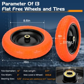 13" Flat Free Wheels Replacement for GOR Garden Cart Tires, 4.00-6 Solid Tires with 5/8"Bearings, 13" No Flat Wheels for GOR Garden Carts/Hand Trucks/Garden Carts（Orange）