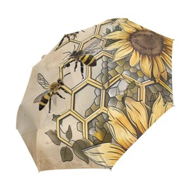 Sletend Rural Honey Bees Wildflowers Portable Folding Windproof Automatic Umbrella,One Touch Auto Open and Close Button Compact Travel Umbrella for Women Men Kid