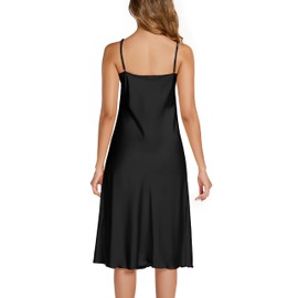 Xuepelit Satin Nightdress Women's Sexy Underdress Negligee Babydoll Sleepwear Spaghetti Straps Night Dress White Black V Neck, black