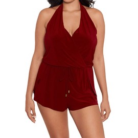 MagicSuit Women's Swimwear Plus Solid Bianca V-Neck Soft Cup Halter One Piece Romper Swimsuit, Merlot, 20W