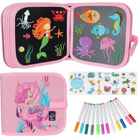 Erasable Book Doodle Set for Kids,Magic Drawing Book for Kids,Reusable Drawing Book 12 Watercolor Pens 14 Page Drawing,Road Trip Car Game Writing Painting Set for Boys and Girls (Mermaid)