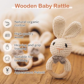 Handmade Crochet Easter Bunny Wooden Baby Rattle Toy for 0-6 Months - Organic Stuffed Animal for Newborn