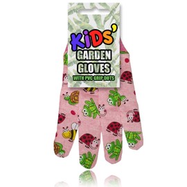 Children's Garden Gloves, One Size from 3 Years, Cotton Children's Gardening Gloves with PVC Nubs for a Secure Fit, Children's Garden Gloves with Colourful Garden Figures Design, Pink