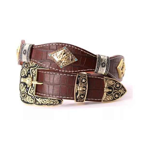 West Belt Coffee Silver Bullrider Gold Concho Crocodile Pattern Pants