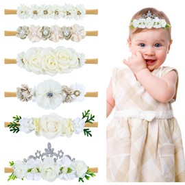 Dizila 6 Pieces Super Soft Stretchy White Ivory Baby Girl Flower Nylon Headbands Floral Hair Accessories for Newborns Infants Toddlers Girls Kids