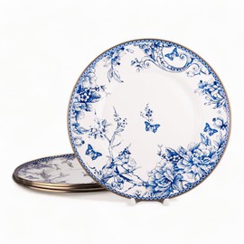 STP GOODS Bird of Paradise Enamel Serving Plate Set 4 Pcs 11" Enameled Aluminim Round Platter, Enamel Dinner Plate, Decorative Dinnerware Plate, Dishwasher safe, Blue and White