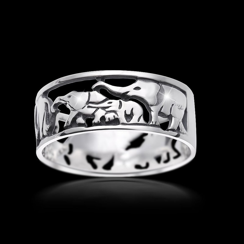 Materia Women's Band Ring Elephant Herd with Baby 925 Sterling