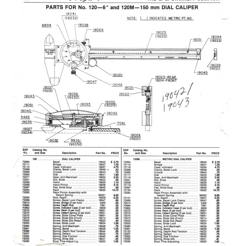 Starrett PT19052 Anti-Backlash Gear ONLY for 120-6 Dial Calipers