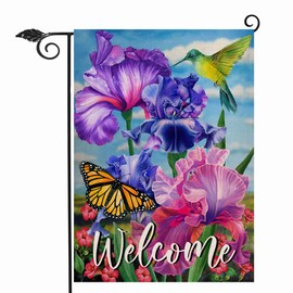 Hzppyz Welcome Spring Hummingbird Iris Garden Flag Double Sided, Purple Flower Bird Yellow Butterfly Decorative House Yard Outdoor Small Decor, Summer Floral Arrangement Home Outside Decoration 12x18