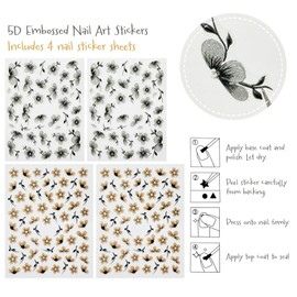 allydrew 5D Embossed Colorful Flowers Nail Art Decal Stickers, Self Adhesive 3D Floral Design (Set of 4), Glitter Daisies