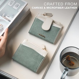 Vulkitty Womens Credit Card Holder Slim Minimalist Canvas & Leather Card Wallet, RFID Blocking Ladies Purses with Keychain Zipped Coin Pocket Bifold Front Pocket Wallet