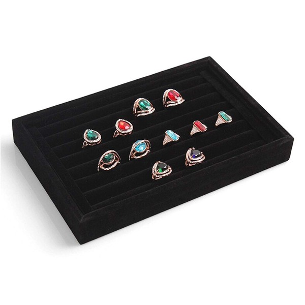 Tinsow Black Stackable 7 Slots Jewelry Rings Earrings Tray Velvet Showcase Display Organizer (Black)