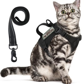Tactical Cat Harness for Walking Escape Proof, Soft Mesh Adjustable Pet Vest Harness for Large Cat, Small Dog and Khaki (Black, Medium)