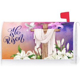 Texupday He is Risen Religious Cross Mailbox Cover With Magnetic Strip Lilies Decoration Easter Holiday Mailbox Wraps Post Letter Box Cover Standard Size 21" X 18" for Garden Outdoor Yard Decor