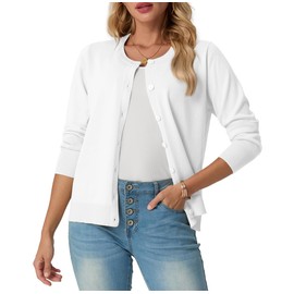 GRECERELLE Womens Summer Soft Cardigans Lightweight Knit Long Sleeve Ladies White Cardigan Solid Crew Neck Jumper Casual Button Down Sweaters for Women UK，Summer Nights and Dating (White, S)
