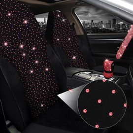 Jusen 17 Pack Bling Car Seat Covers Set Car Diamond Accessories Rhinestone Crystal Steering Wheel Cover, Bling Velvet Breathable (Red, Half Part Bling)