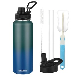 MEZMUT Insulated Water Bottle with Straw&2 Lids 40oz Stainless Steel Water Bottles Sports Metal Water Bottle Double Walled Vacuum Insulated Bottles Thermos Leak-Proof Travel Thermal (Green Blue)
