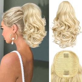 PORSMEER Short Blonde Drawstring Ponytail Extension,12 inch Wavy Curly Fake Ponytail Hair Extensions Natural Synthetic Clip in Pony Tails Hairpieces for Women Daily Party
