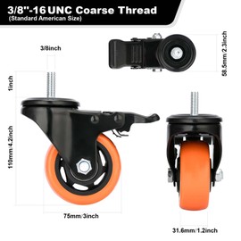 3 inch Threaded Stem Casters Set of 4 Heavy Duty 1000Lbs 3/8''-16x1'' Castor Wheels Dual Locking Industrial Caster Swivel Caster with Brakes Safety Smooth No Noise Wheels for Cart, Furniture