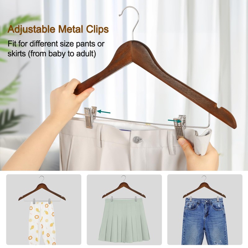 TOPIA HANGER Wooden Suit Hangers with Adjustable Metal Clips (10