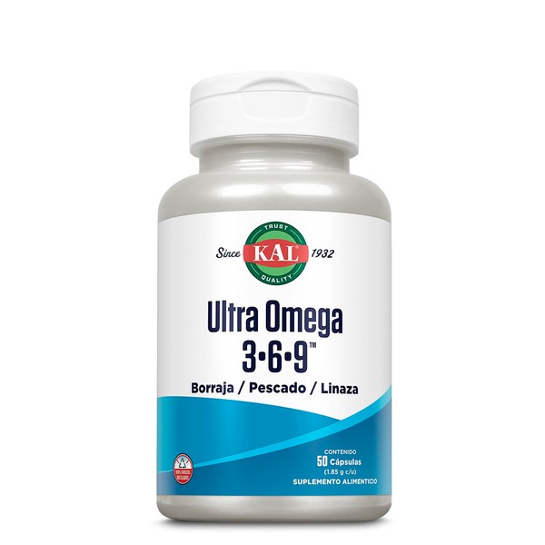 KAL Ultra omega 3-6-9, Aceite de linaza orgánica, Aceite de pescado y Aceite de semilla de borraja/ 50 cápsulas softgel, Adicionado con Vitamina E