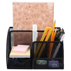OKPOW Desk Organizer for Home Room Office Organization Metal Mesh Desktop Stationery Organizer Tidy Desk Caddy Pen Holder 6 Compartments with Drawer Black