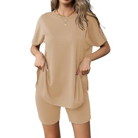 Ekouaer Women's 2 Piece Lounge Set 2025 Summer Biker Shorts Set Outfits Short Sleeve Oversized Top Matching Tracksuit Khaki L