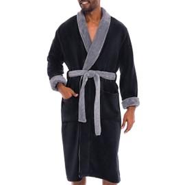 Alexander Del Rossa Mens Robe Plush, Mens Bath Robes for Men, Mens Robe Plush, Men's Bathrobes, Warm Fleece Robe Men Black with Gray Contrast Medium (A0114BKSMD)