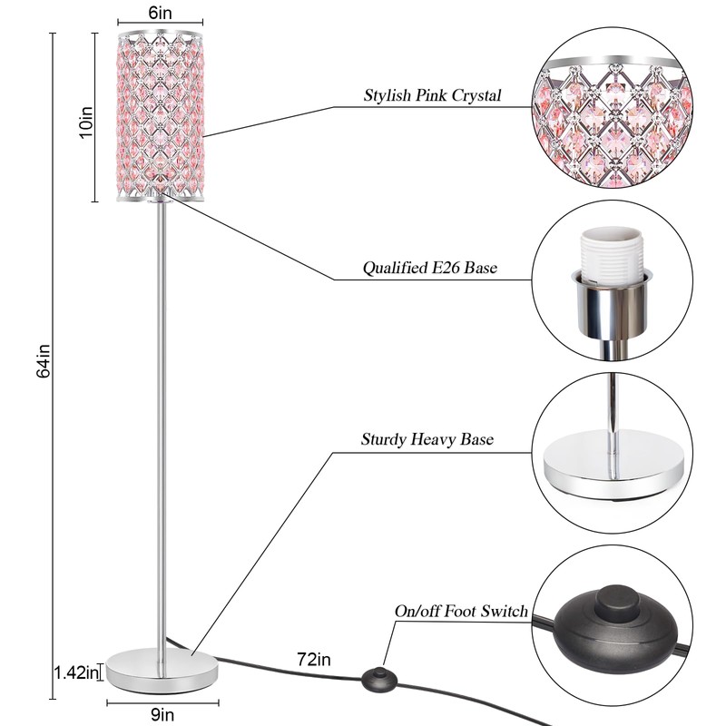 Crystal Floor Lamp for Bedroom, Silver Floor Lamp with Pink