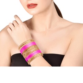 Touchstone Indian Bollywood "Colorful 2 Dozen Bangle Collection" Golden Glitters Textured Fuchsia Color Large Size Designer Jewelry Special Bangles Bracelets Set of 24 in Gold Tone for Women
