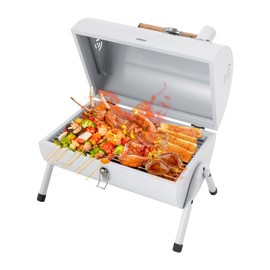 Portable Charcoal Grills - Mini Barbecue Grill with Thermometer - Small Tabletop Charcoal Grill for Outdoor Cooking, Grilling - Table Top BBQ Grill for Camping (White)