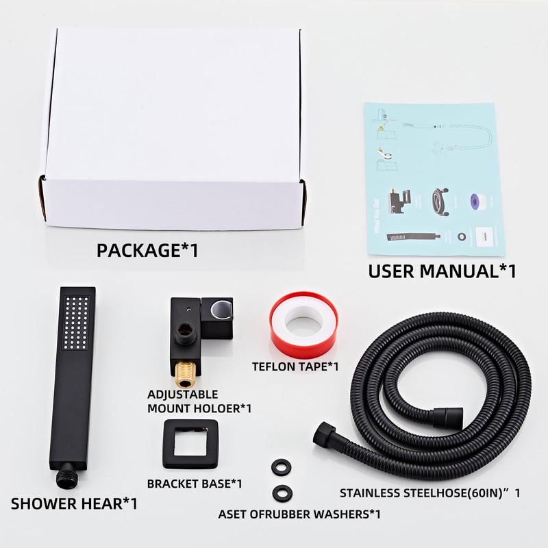 Bathroom Square Matte Black Solid Brass Hand Held Shower Head